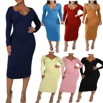 

women clothes casual dresses fall spring new sholesale solid color sexy v-neck long sleeve bodycon fashion dress