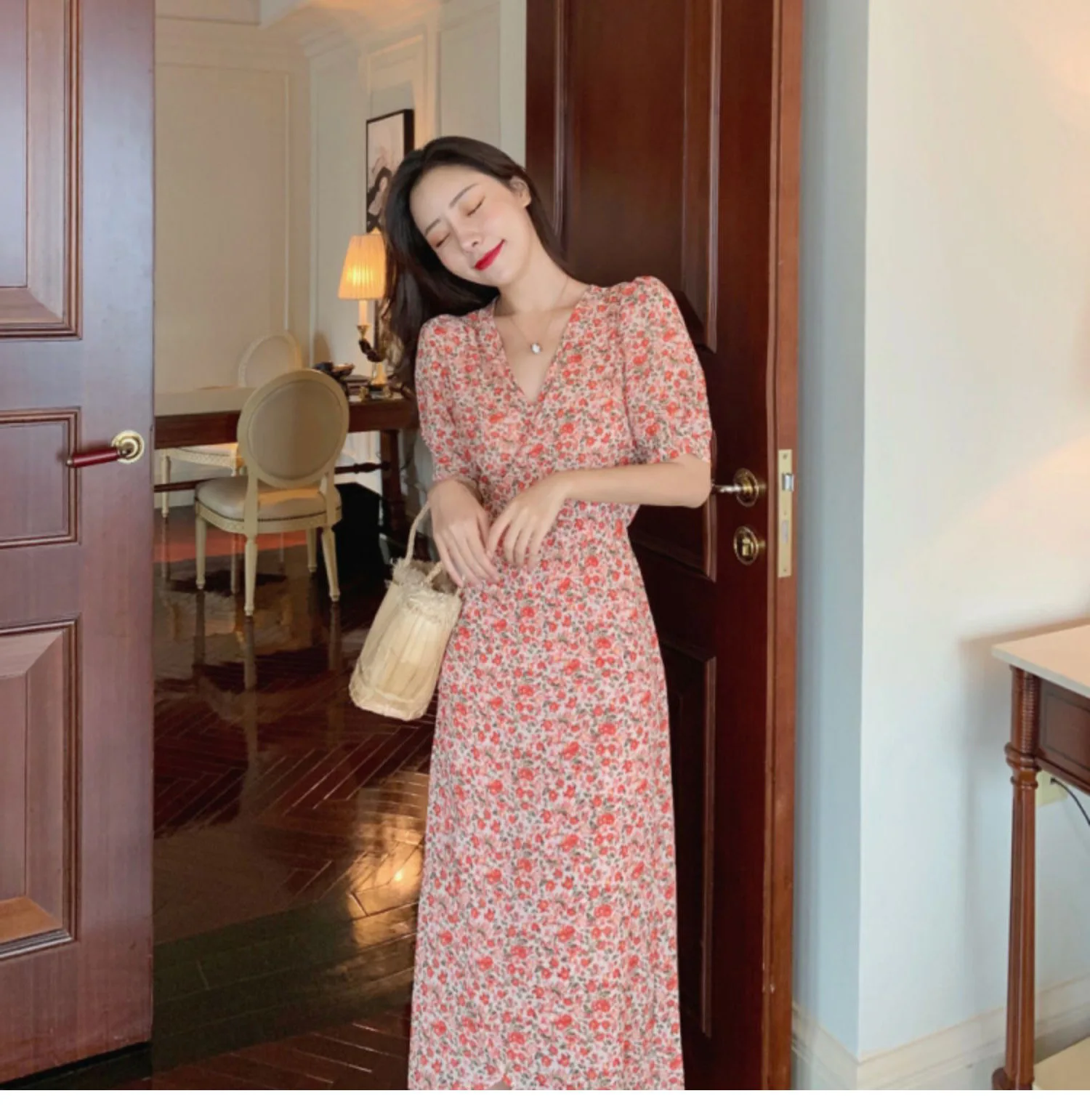 

Bow Lantern Half Sleeves Floral Print Chiffon Maxi Long Dress For Women