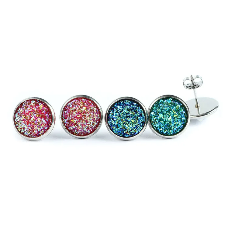 

Stainless Steel Faux Druzy Resin Jewelry Party Gift 12mm Stud Earrings For Girls