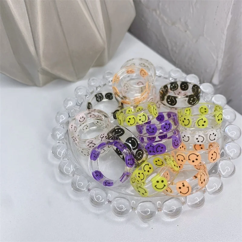 

Candy color smiley face pattern opening 6-piece set acrylic rings Y2K jewelry women's accessories cute plastic rings resin ring