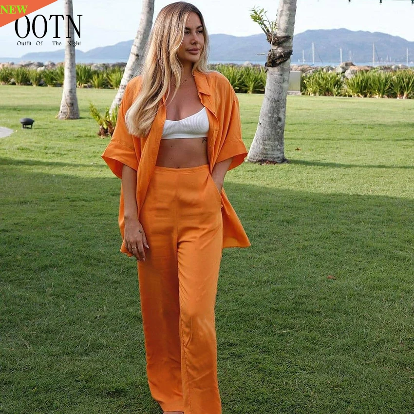 

OOTN Casual Wide Leg Pants Set Woman 2 Pieces Women Loose Short Sleeve Single Breasted Long Shirts Orange Linen Trouser Suits