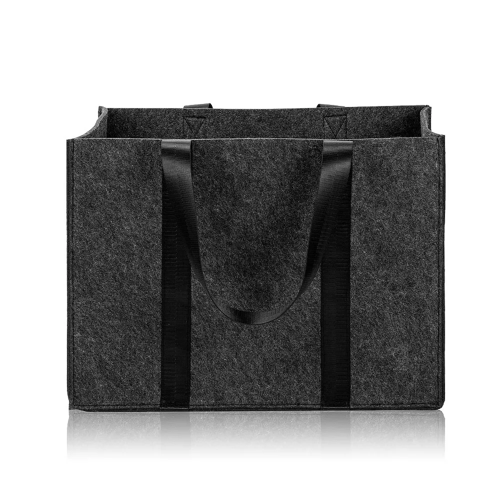Open top of a black felt tote bag standing upright with its sides holding shape and a webbing handle visible