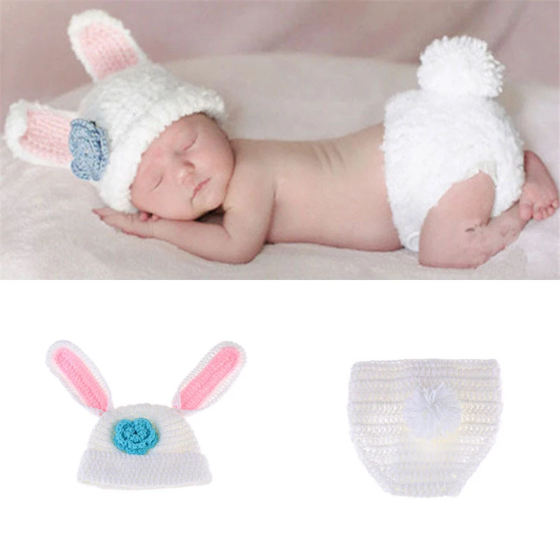 

Crochet Easter Bunny Baby Outfit Photography Prop Nappy/Diaper Cover and Bunny Ear Hat for Baby Age 0-9 months, White