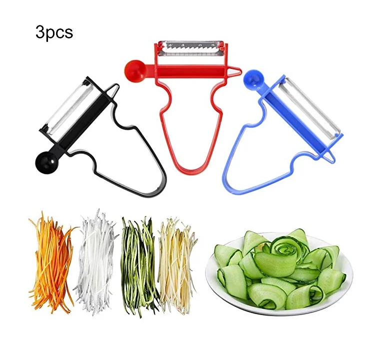 

Magic Trio Peeler Slicers Shredders for Fruits and Vegetables with Spiralizer, Julienne, Cutter and Grater, Picador de Verduras, Red blue black, accept customized color