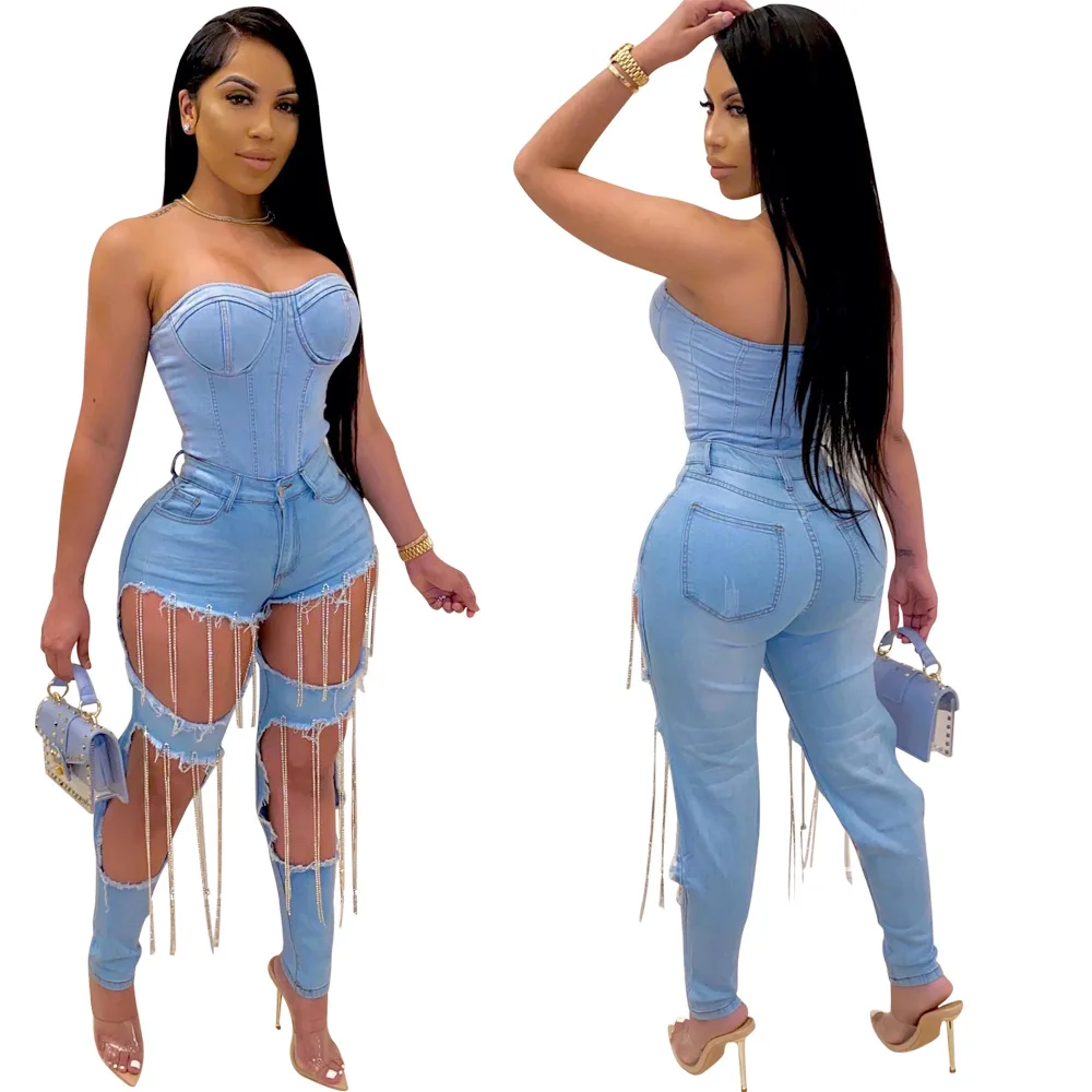 

Fashion High Waist Ripped Pants Ladies Denim Jeans Hollow Out Chain Fringe Women's Trousers Sexy Distressed Denim Jeans Women