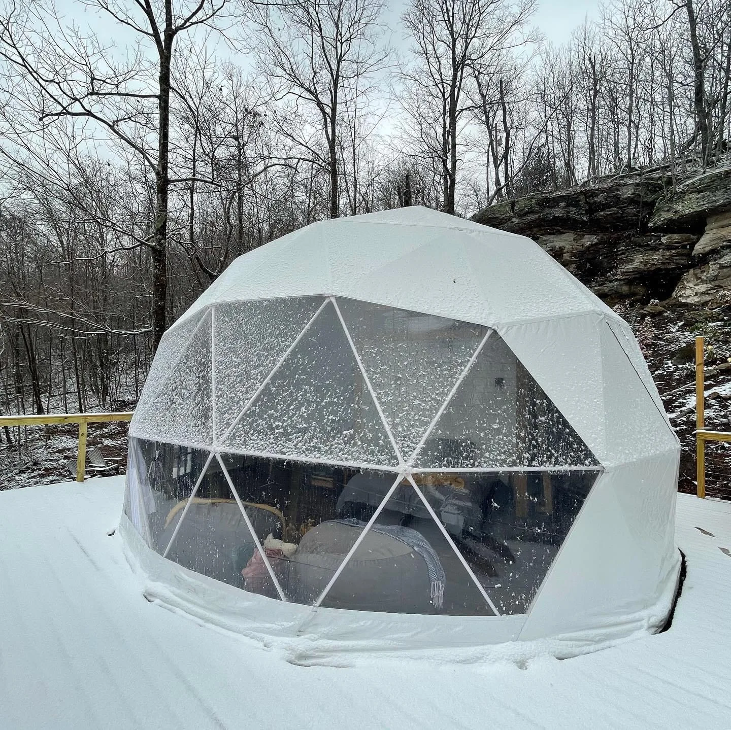 

Winter Used Outdoor Geodesic Dome Glamping Tent Snow Resistant Camping House Tent, 30% transparent and 70% white color