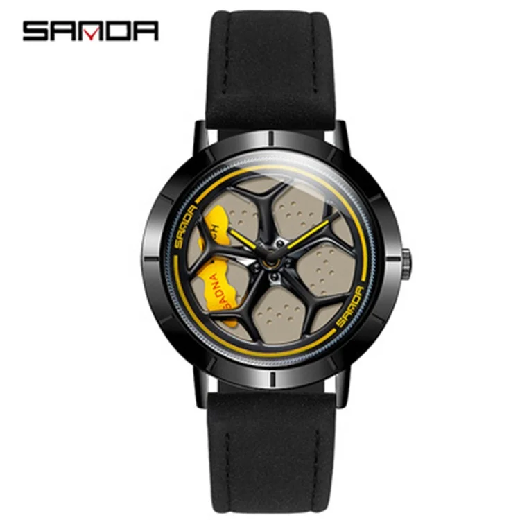 

SANDA Luxury Brand Wheel Series Men's Watch 360 Degree Wheel Rotation Creative Quartz Wristwatches leather Strap