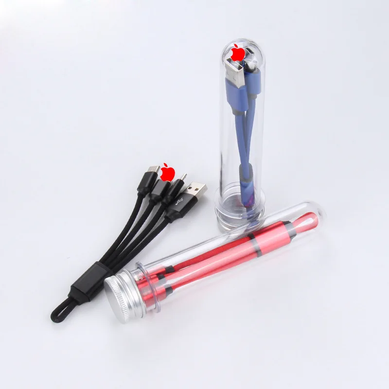 
New type keychain 3 in 1 15CM data cables three charging cables aluminum alloy fabric weaving gift custom LOGO usb cable 