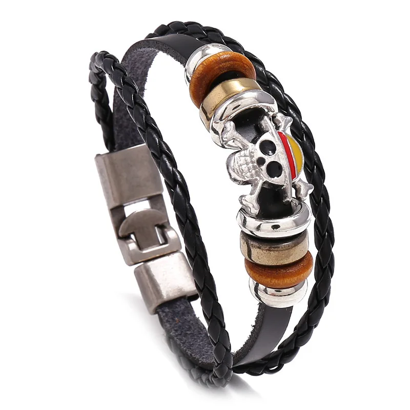 

Punk Woven Cowhide Bracelet Simple Multi-layer Skull Pair Buckle Bracelet