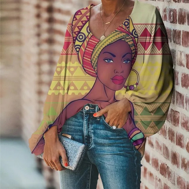 

New Product African Women Girl Printed Woman Casual Blouses Custom your Pattern V-neck Long Sleeves Ladies Women Chiffon Shirt, Customized color