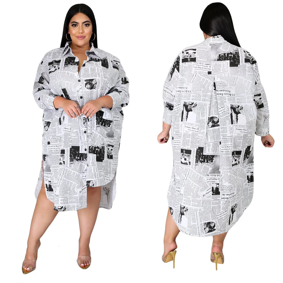 

2021 new arrivals fashion plus size women's clothing Newspaper printed shirt dress