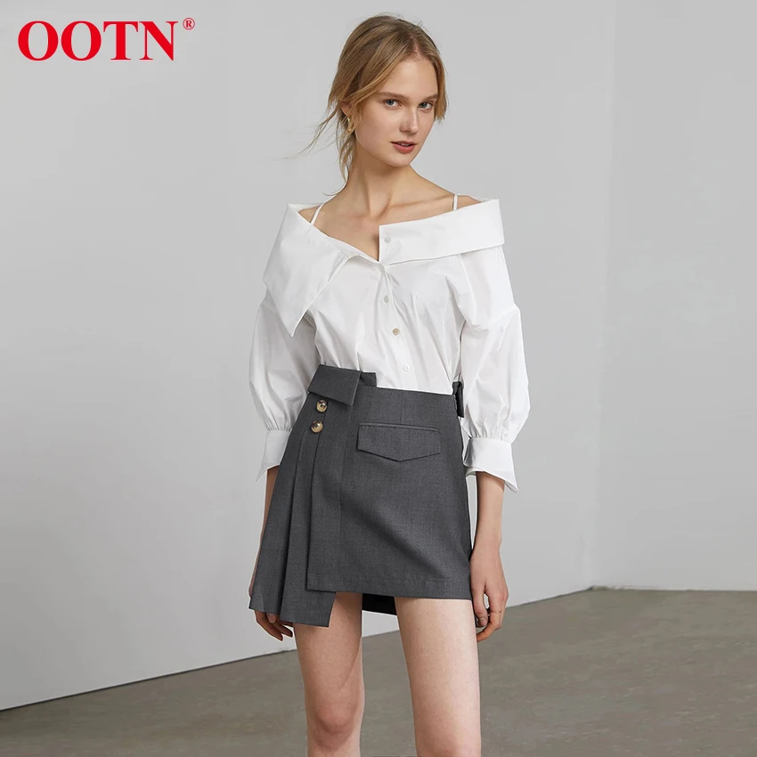 

OOTN High Waist Pockets Mini Skirt Spring Summer Casual Office Ladies Pleated Skirts Vintage Irregular Womens Gray Skirt