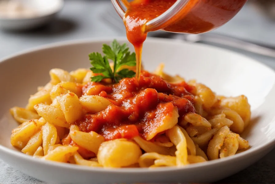 Close-up of Calabrian chili paste being drizzled over al dente orecchiette pasta with fresh parsley garnish