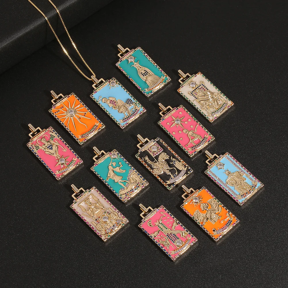 

NUORO Classic Square 22 Style Pendants Jewelry Gifts Link Chain Necklaces For Women Man Cubic Zirconia Tarot Cards Necklace, Gold