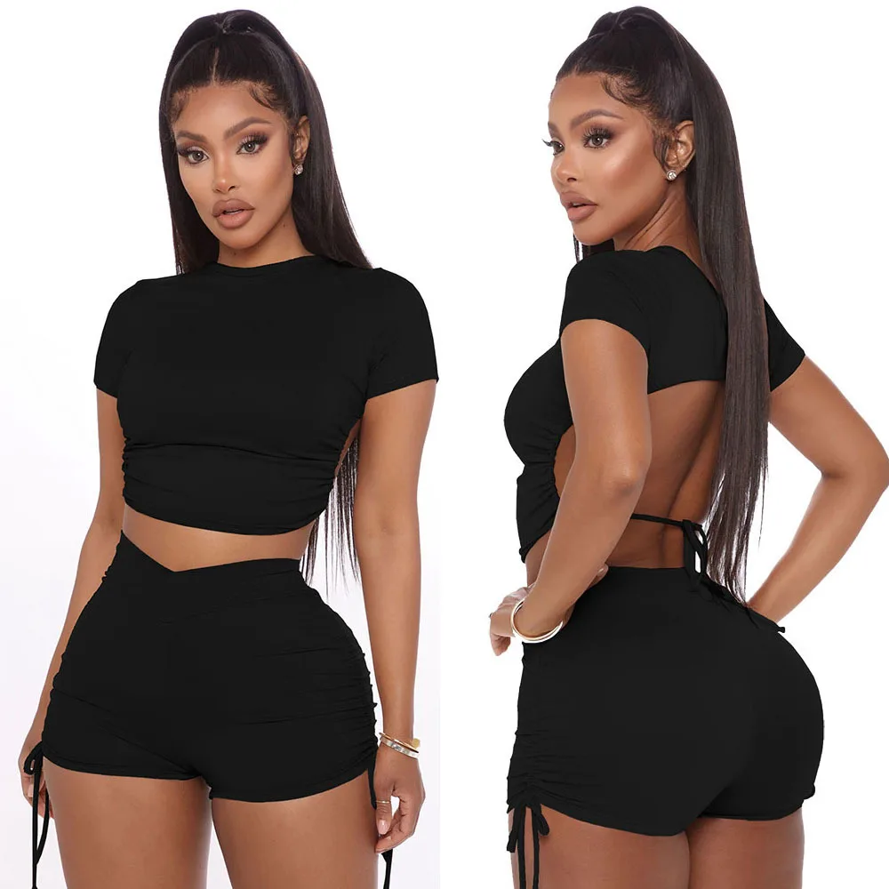 

Backless solid color drawstring sexy slim short sleeve two-piece set