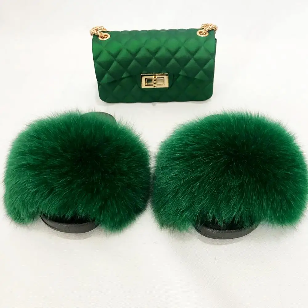 

Wholesale Custom Real Fox Fur Slippers Neon Green Fur Sandals Women And Ladies PVC Sole Kids Soft Custom Colorful Fur Slippers