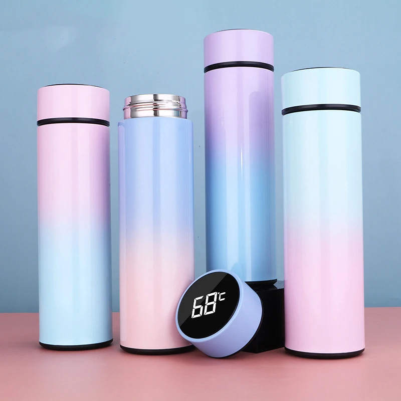 

Wholesale New Style Gradient Color Vacuum Water Bottle LED Smart Stainless Steel Water Bottle With Temperature Display, As is or customized