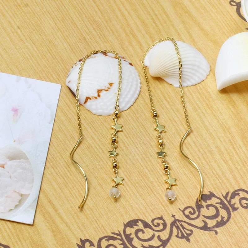 
Moonstone Beads Real 9K Fine Jewelry Long Gold Chain Earring Online Order Fast Shipping 