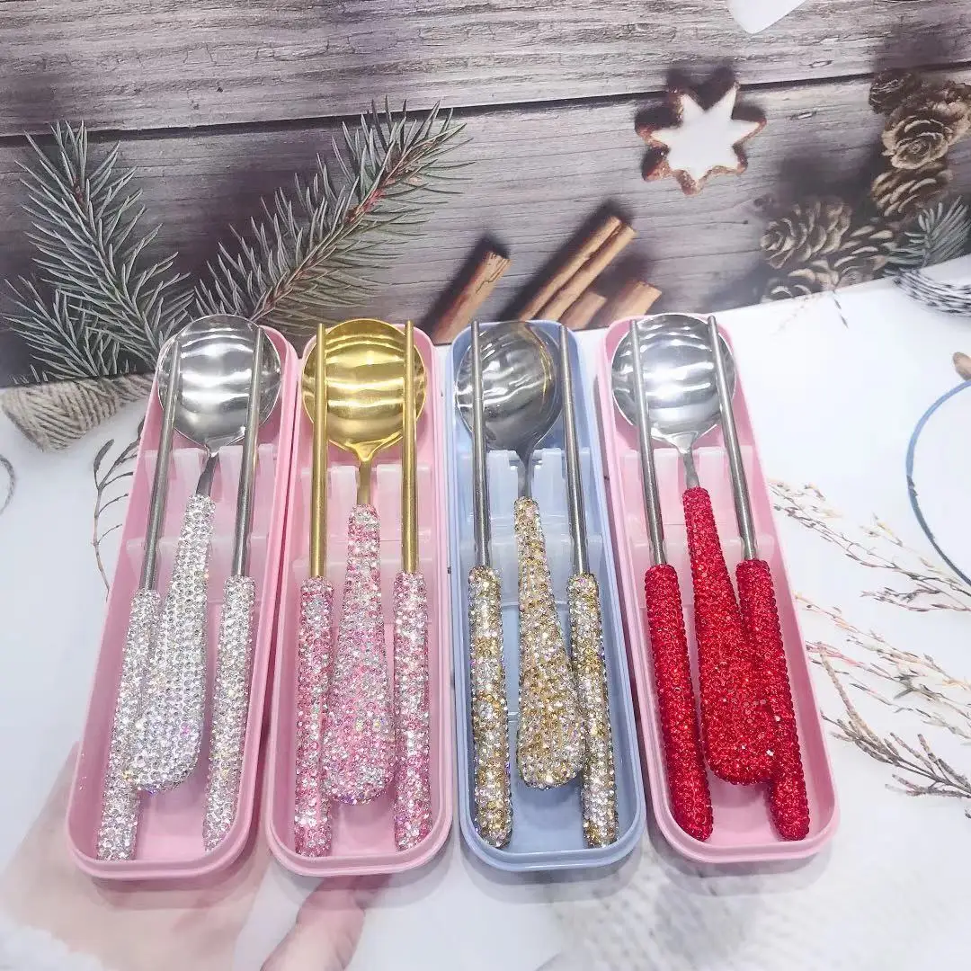 

2021 New Luxury Diamond Rhinestone Stainless Steel Chopsticks Spoon Cutlery Set Tableware For Girl Women