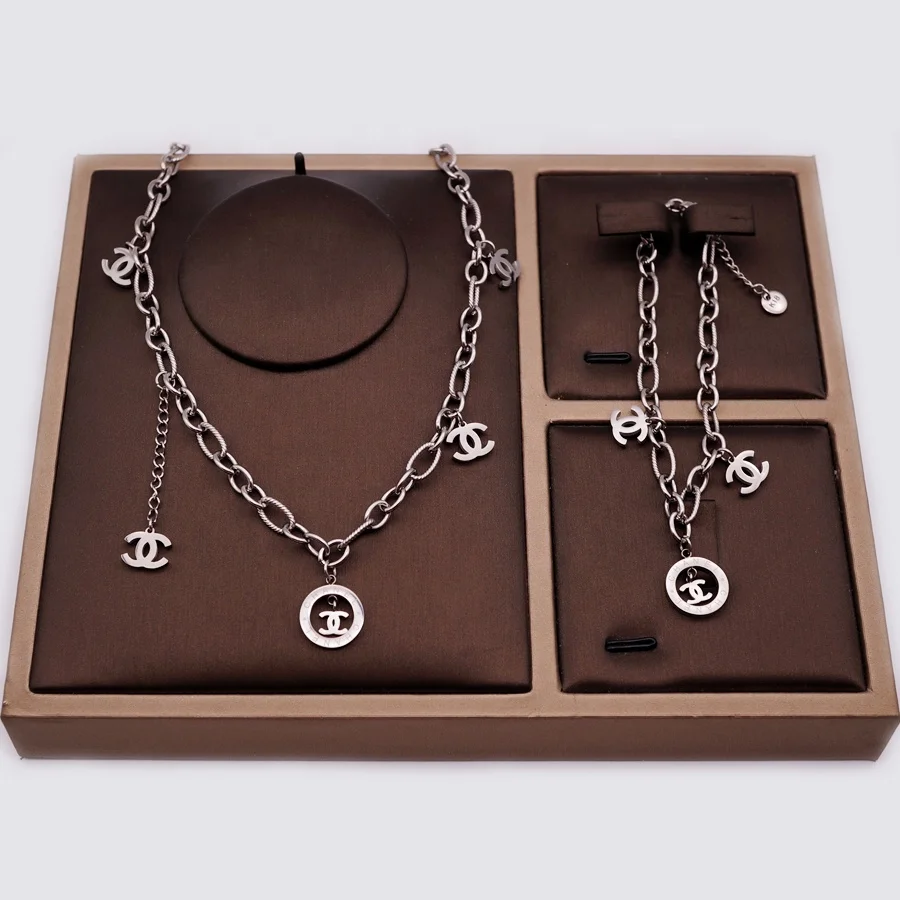 

New Silver Plated Necklace Bracelet Stainless Steel Cable Jewelry Set, Steel color