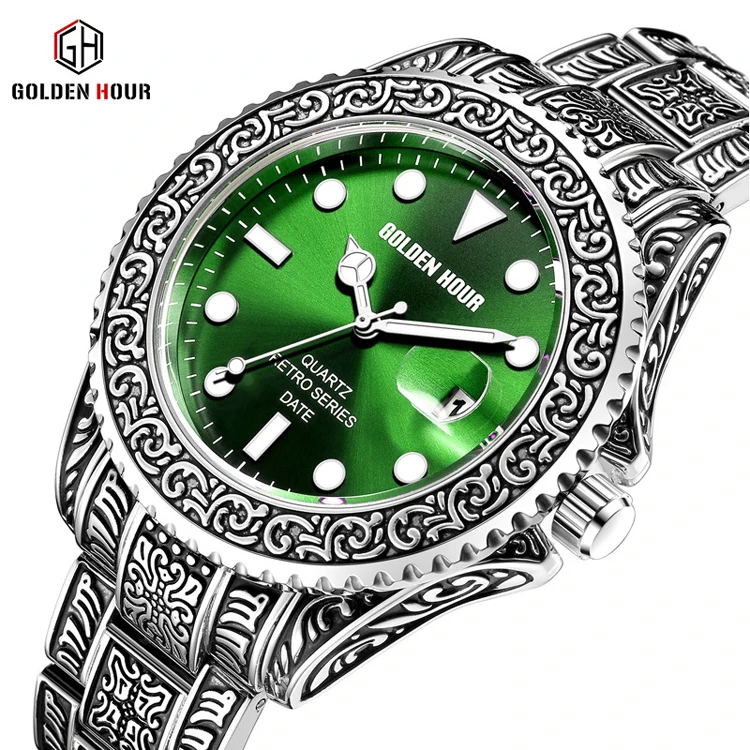 

Golden Hour 132 Creative Design Retro Men Quartz Wristwatches Full Steel Calendar Waterproof Fashion Top Brand Luxury Male Clock