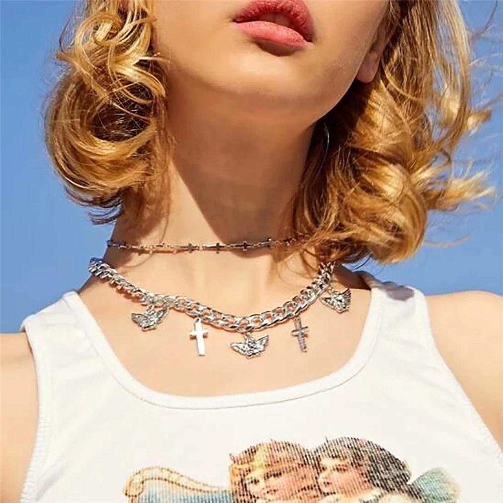

Multi layer thick chain geometric Tassel women's simple Cross Angel Pendant Necklace, White k suit 0384