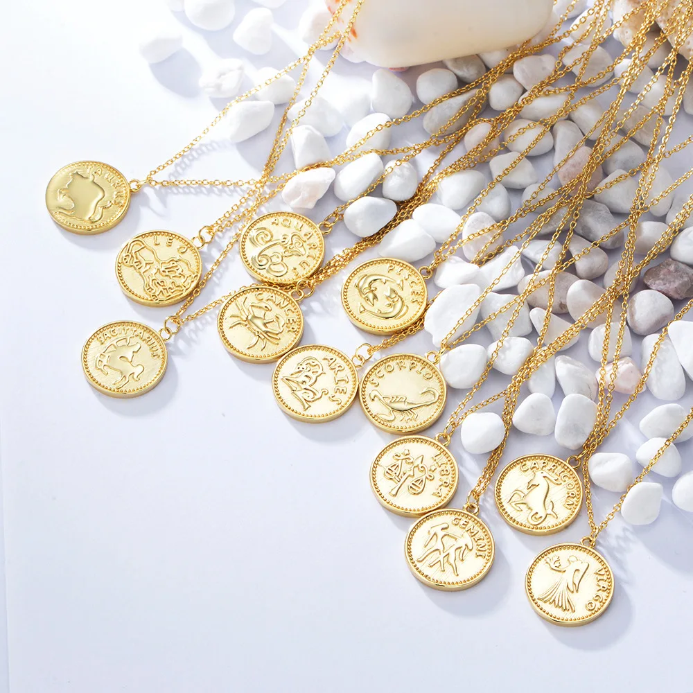 

Fashion 925 Sterling Silver Zodiac Necklace Twelve Coin Pendant Necklace Gold Jewelry Gift For Women Girls