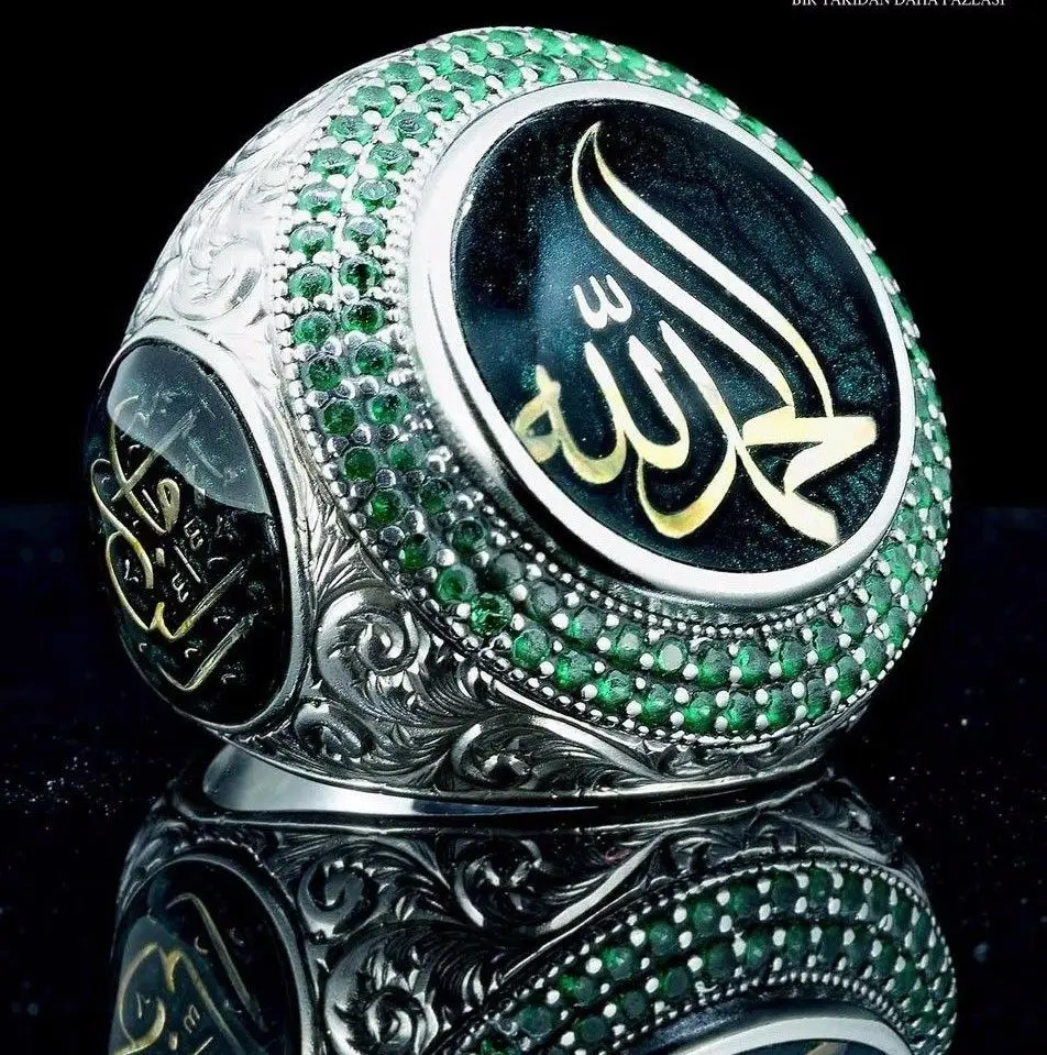 

Turkish Jewelry Saudi Star Prince Ring Lucky Stone Exaggerated Allah Muslim Emerald Art Ring For Men, Green
