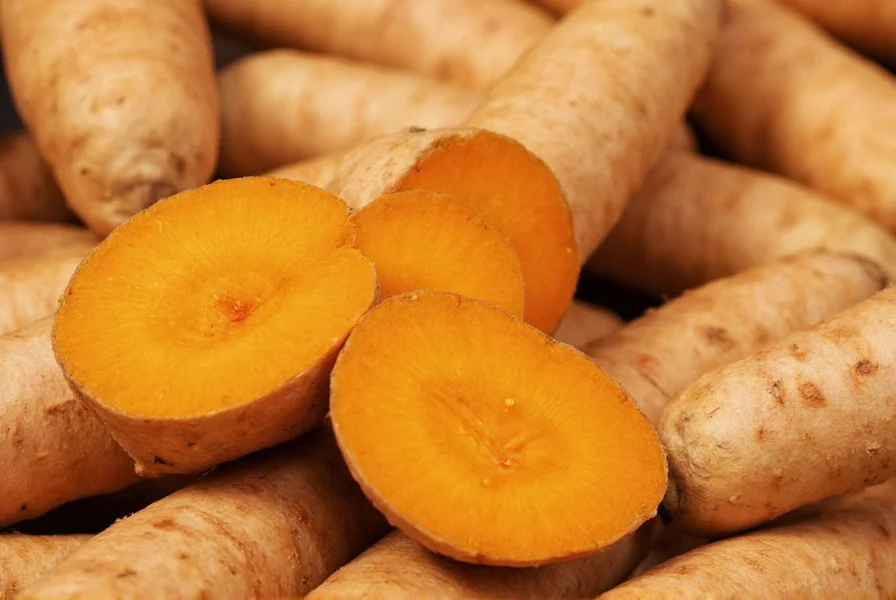 Close-up photograph of fresh turmeric rhizomes showing knobby texture and vibrant orange interior