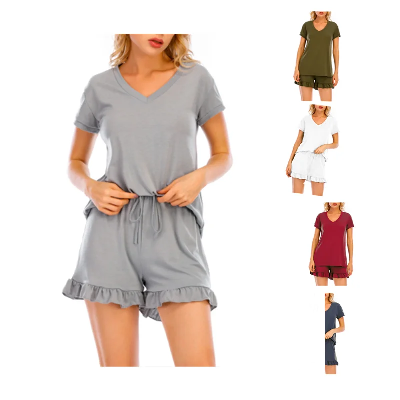 

2021 New Spring Summer Homewear Short Sleeve V Neck Ladies Pajama Sets with Short Pants ZGJ-0270