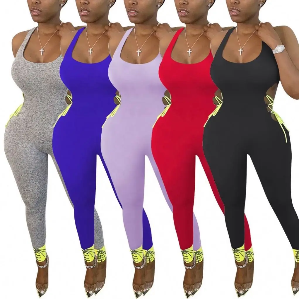 

2021 Custom Logo Sexy Bodycon Sportwear Sleeveless Halter Hollow Out Bandage Women Summer One Piece Yoga Jumpsuits, Customized