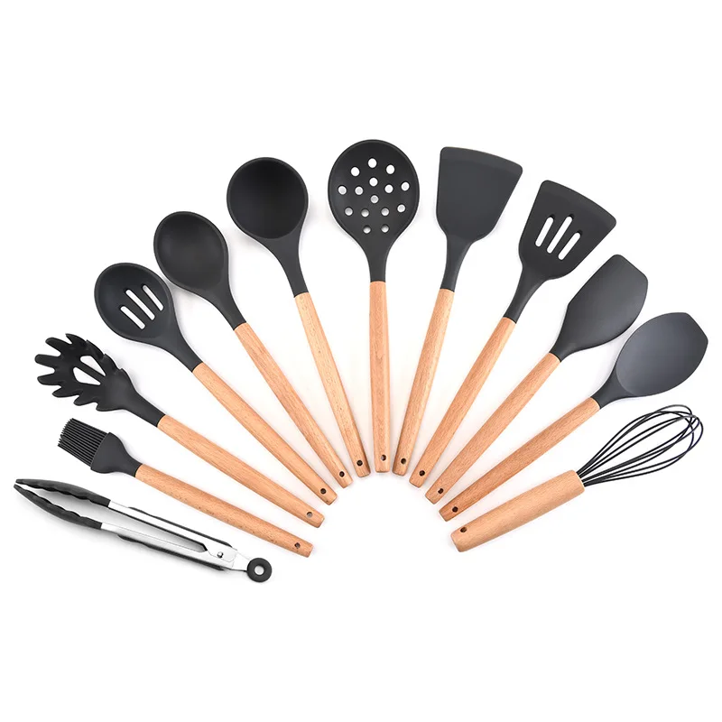

H605 Cooking Baking Tools Non Stick Pan Kitchenware Heat Resistance Wooden Handle Silicone Colander Spoon Spatula, Multi colour