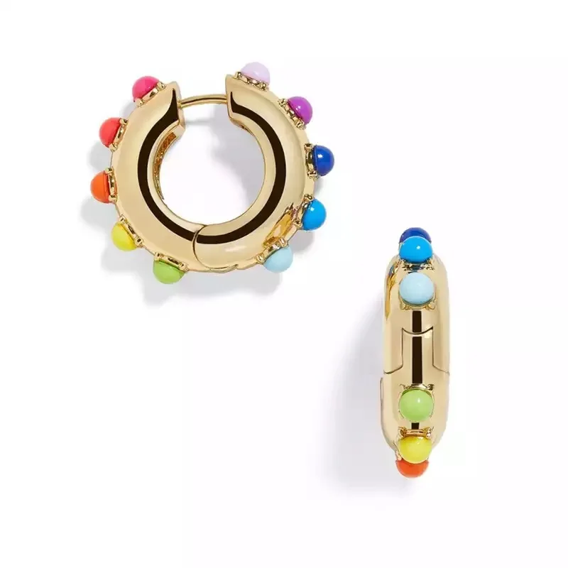 

Wholesale Gold Plating Rainbow Color Artificial Pearl Round Huggie Earrings Colorful Pearl Circle Huggie Hoop Earrings