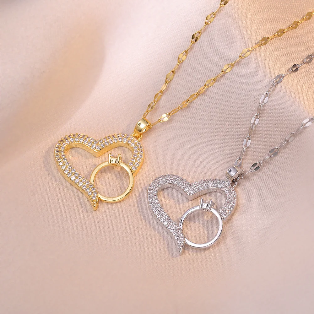 

Simple and versatile fashion necklace with full diamond heart-shaped zircon ring pendant