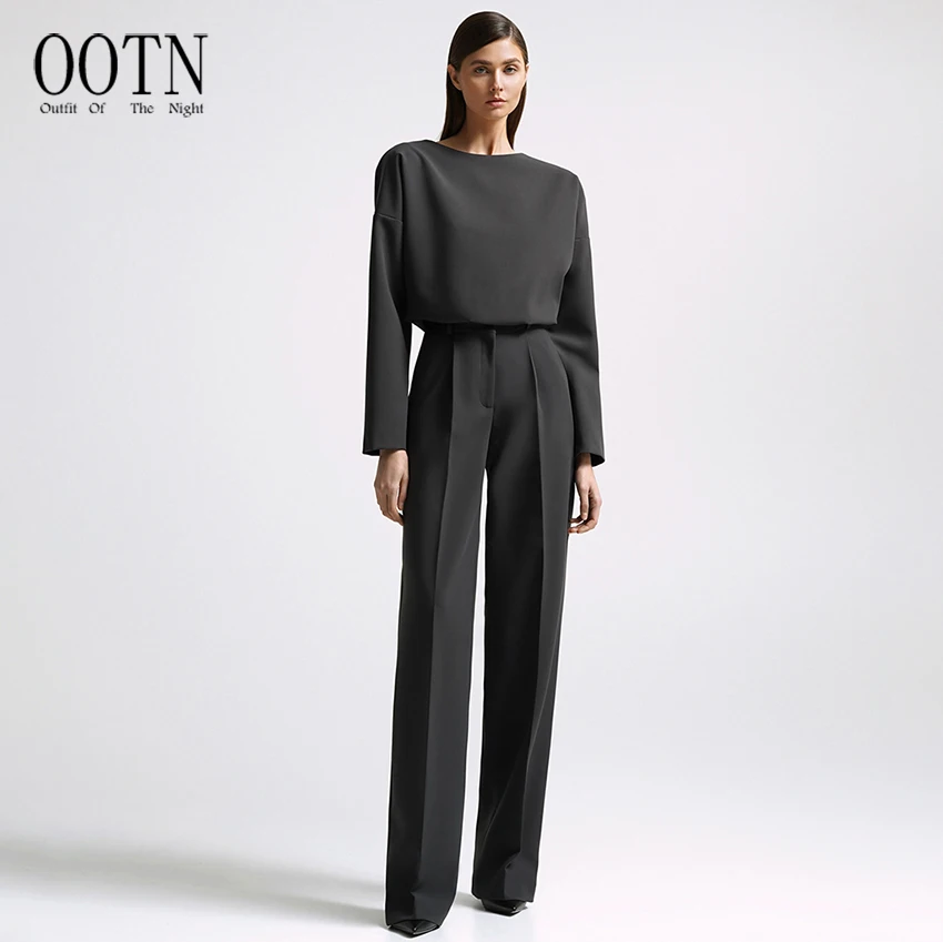 

OOTN Floor-Length Business Sets Two Piece Elegant Lady Long Sleeves Top And Classic Wide Pants Office 2-Piece Pants Suits