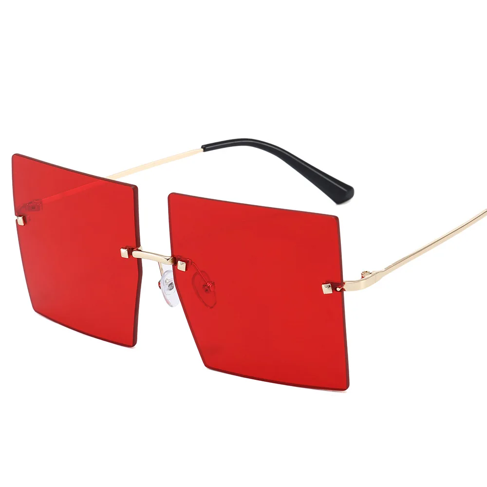 

New arrive metal big sun glasses unisex custom red color lens fashion rimless square oversized sunglasses women men