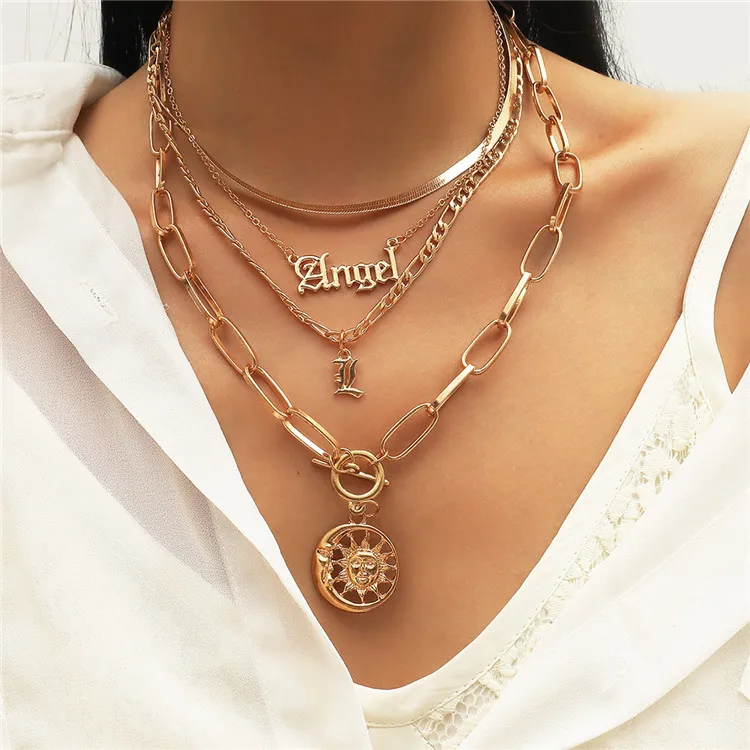 

Hot-Selling Jewelry, Classic Personality, Letter Angel Moon Sun Pendant Multi-Layer Necklace, Silver, gold