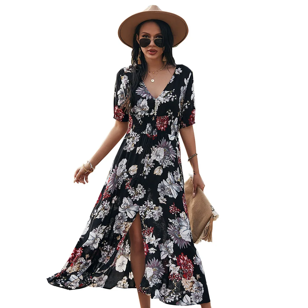 

Oem Custom Fashion Black Lady Clothes Summer Elegant V-neck Boho Dresses Women Casual Floral Long Sleeve Maxi Dress, Picture color