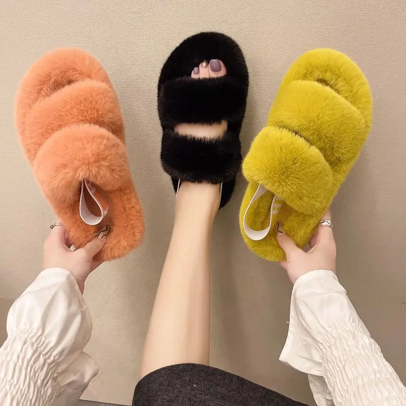 

Hot sale Women fluffy Slippers Ladies Cute Plush Sandals ladies Fur Slippers Winter Warm flat sole house shoes, 6 colors