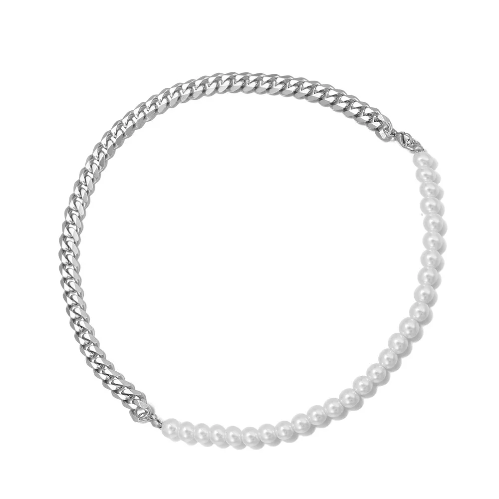 

2022 Trendy Splicing Stainless Steel Cuban Chain Pearl Chain Necklace Men Splicing Chain Pearl Bracelet Jewelry For Men