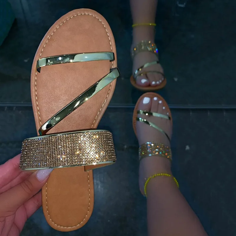 

SL-007 2020 New Arrival Casual Flat Shoes Luxury Slippers High Quality Women Summer Rhinestones Sandals, Black,pink