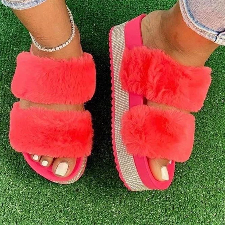 

New Winter thick flat sole fur slippers for women soft plush furry outdoor ladies platform shoes open toe fluffy house slippers, 4 color options