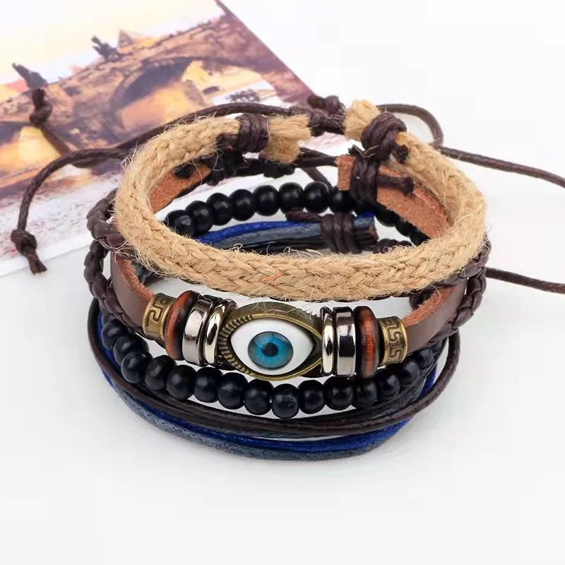 

Genuine Leather Bracelet 8mm Pulsera Hemp Rope Wooden Beads Bracelets Stainless Steel Eyes Braided Mens Leather Bracelet