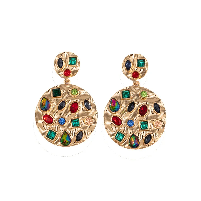 

Fashion Bright Geometric Statement Gold Multicolor Crystal Drop Earrings Metal Round Disc Dangle Earrings