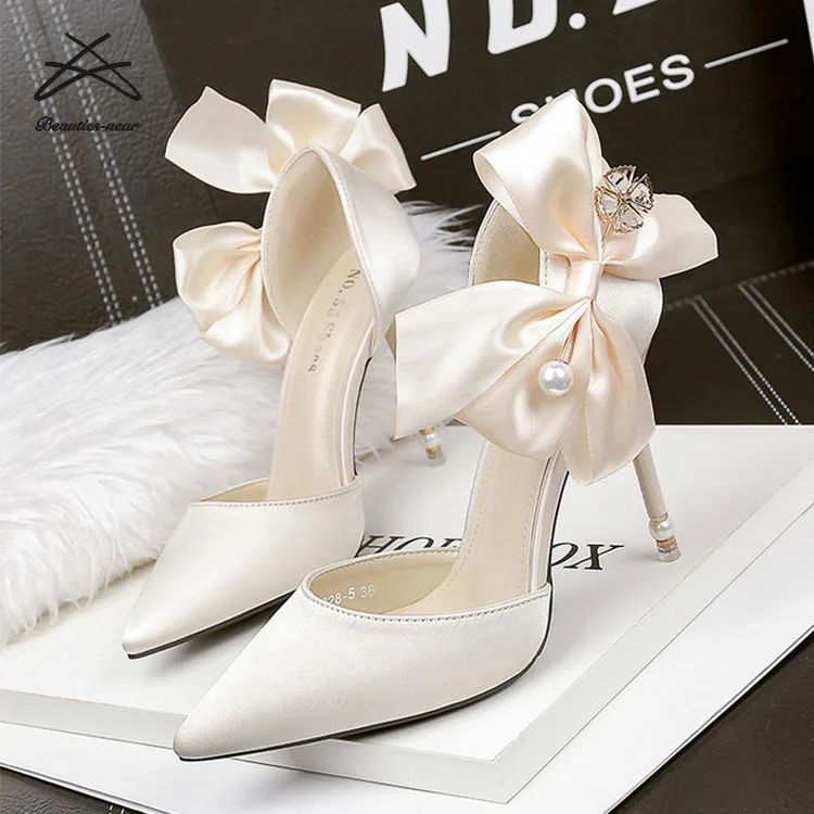 

RTS Luxury fashion women party wedding bride dress shoes butterfly knot pearl satin thin heel lady woman heel shoes, Black,red,grey,cream