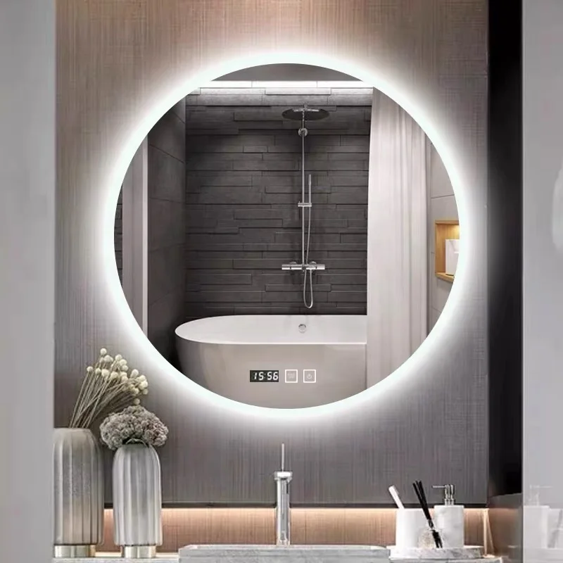 600mm Round Wall Mounted Mirror LED colored light Customized  Defog Smart Bathroom Led Wash Basin Mirror With time display