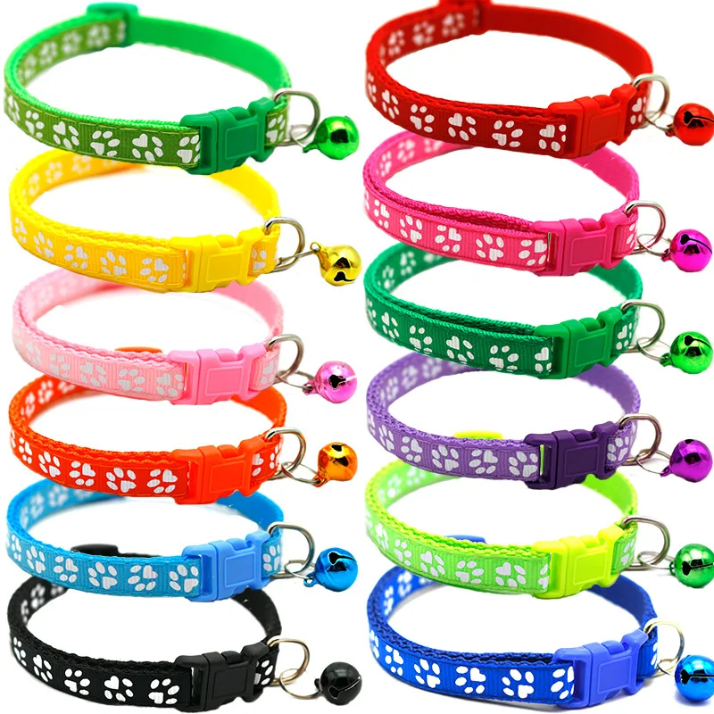 

Wholesale Multi Colors Paw Print Adjustable Nylon Pet Cat Dog Collar With Bell