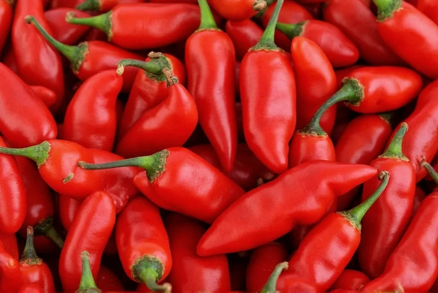 Close-up view of dried cayenne pepper flakes on wooden cutting board with fresh peppers