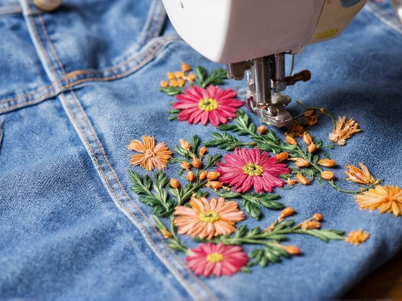 Close-up of Brother SE2700 embroidering floral design on upcycled denim