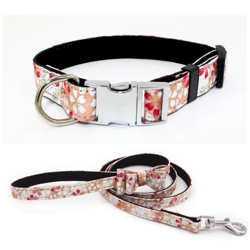 

OEM Custom Luxury Adjustable Custom Personalized Bohemian Style Bowknot Pet Collars Metal Buckle Canvas Dog Collar and Leash Set, Many